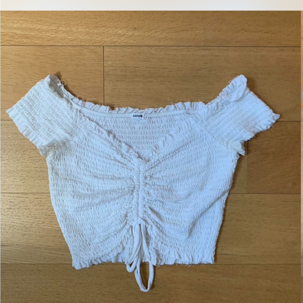 Garage White Ruched Off-Shoulder Crop Top